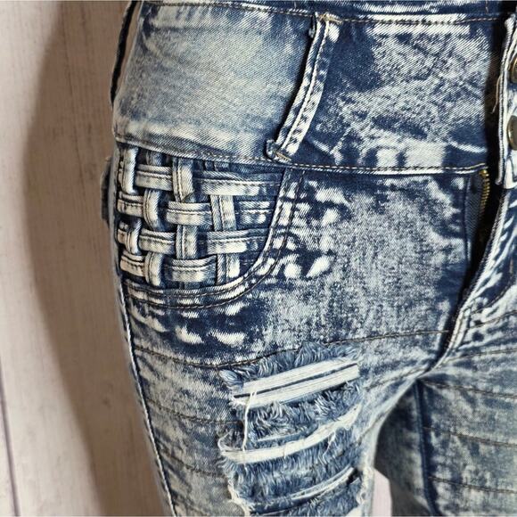 Y2K Acid Wash Distressed Denim Jumpsuit w Cut-outs, Bows & Woven Accents, sz 5 - Picture 5 of 14